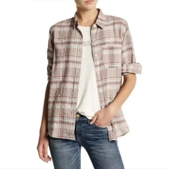 NWOT CURRENT/ELLIOTT Top S Plaid Beige Brown Multi Pocket Long-Sleeve Cotton - Picture 1 of 16